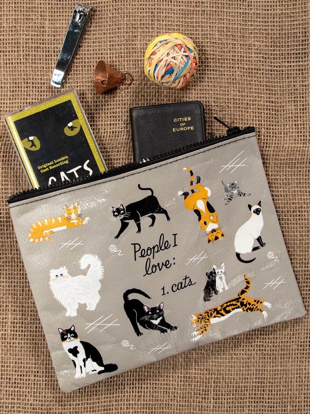 Blue Q Grey Cat Print Zip Pouch